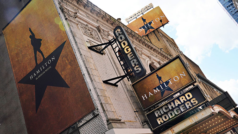 NEW YORK, NEW YORK - JUNE 29: A view of the marquee at Hamilton: An American Musical at the Richard Rodgers Theatre on June 29, 2020 in New York City.  Broadway will remain closed until 2021 due to the ongoing coronavirus pandemic. (Photo by Cindy Ord/Getty Images)
