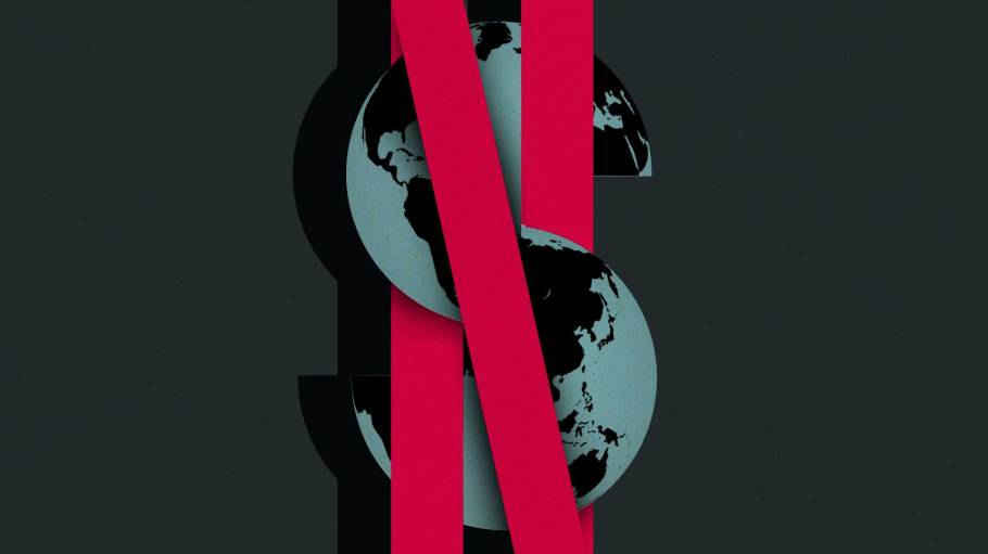 Illustration that combines the Netflix logo and a globe to form a dollar sign